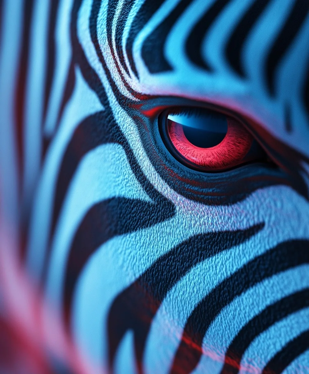 Macro zebra eye with electric blue and red lighting.