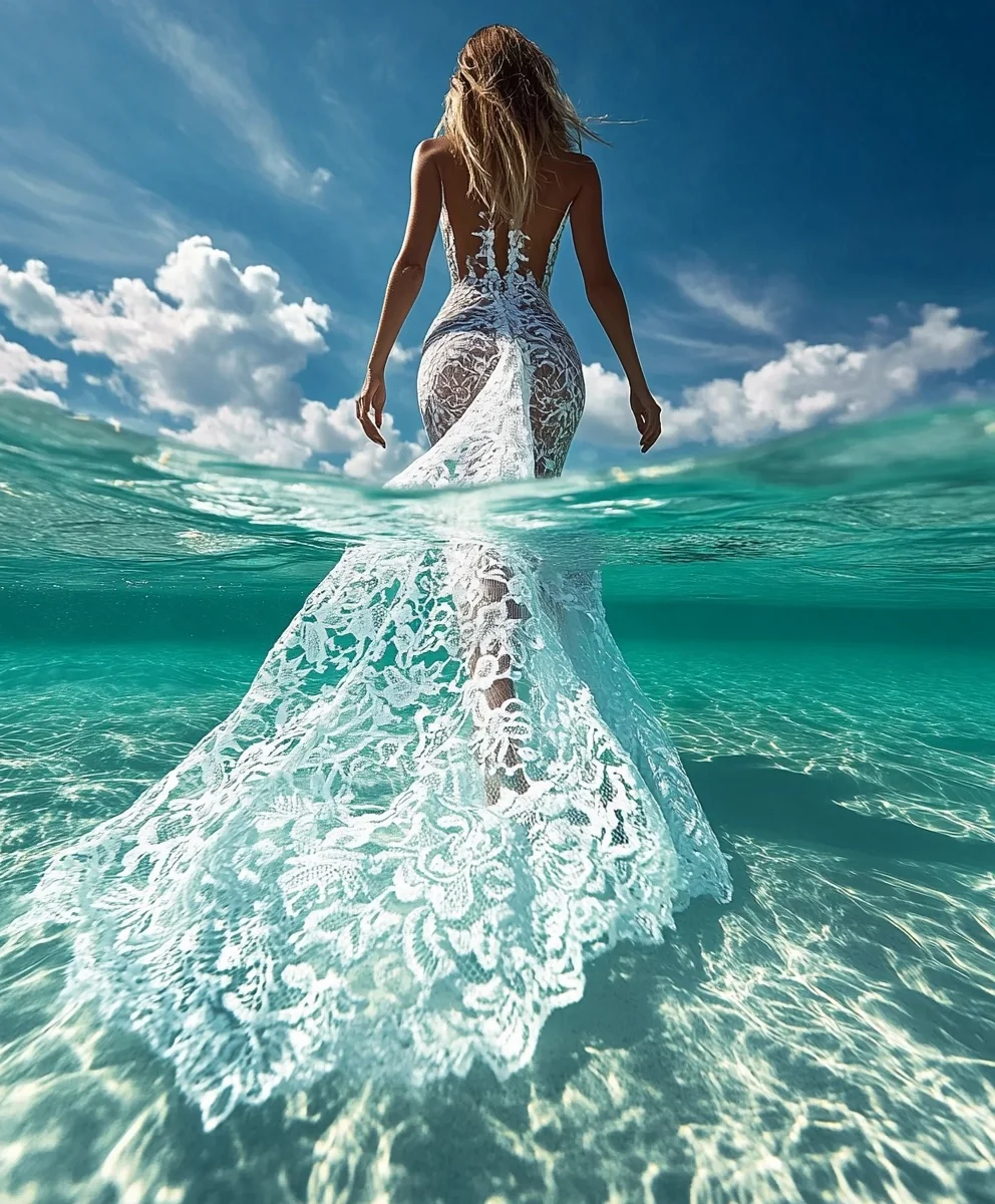 Fashion still of a lace gown trailing underwater.