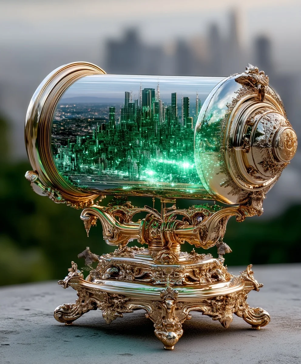 Ornate gold cylinder containing a glowing miniature city.