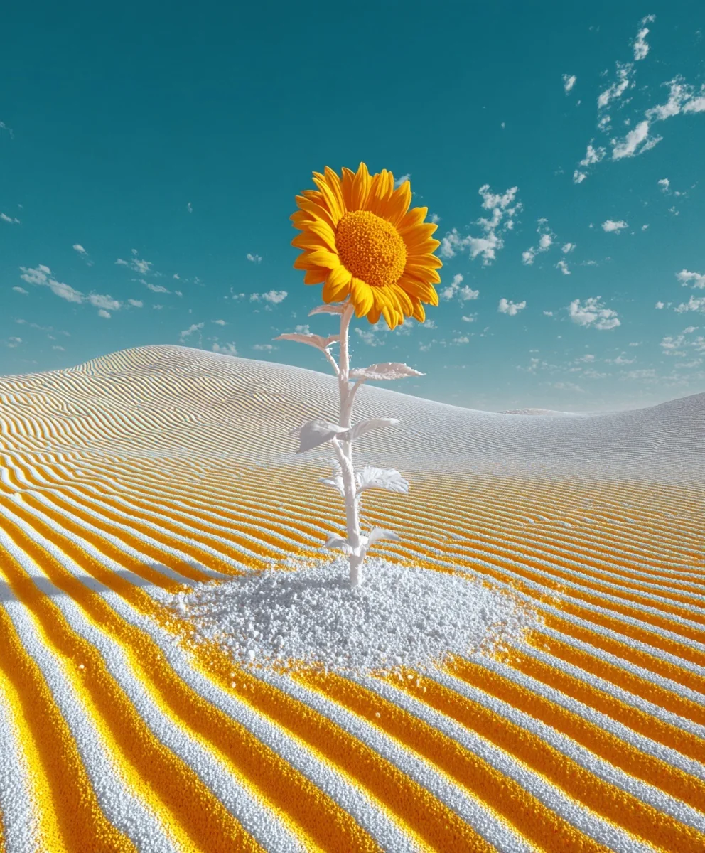 Surreal sunflower on yellow and white striped dunes.