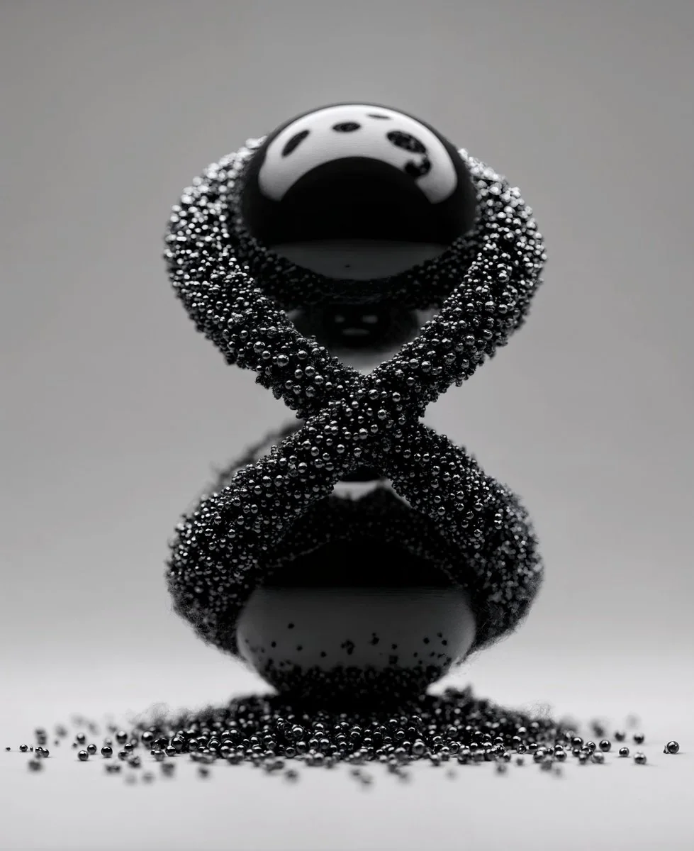 Minimal black spheres wrapped in beaded form.