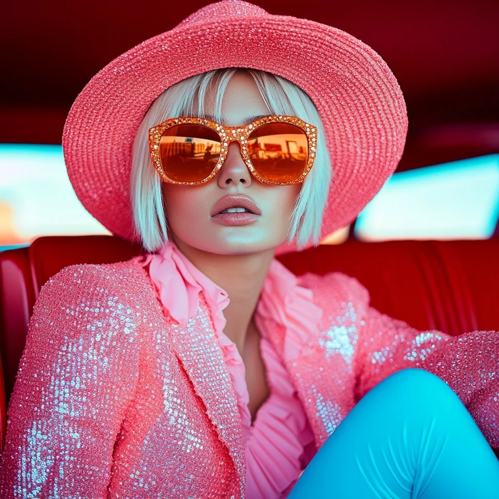 Fashion portrait of a woman in a pink sequin jacket and orange sunglasses in a red car.